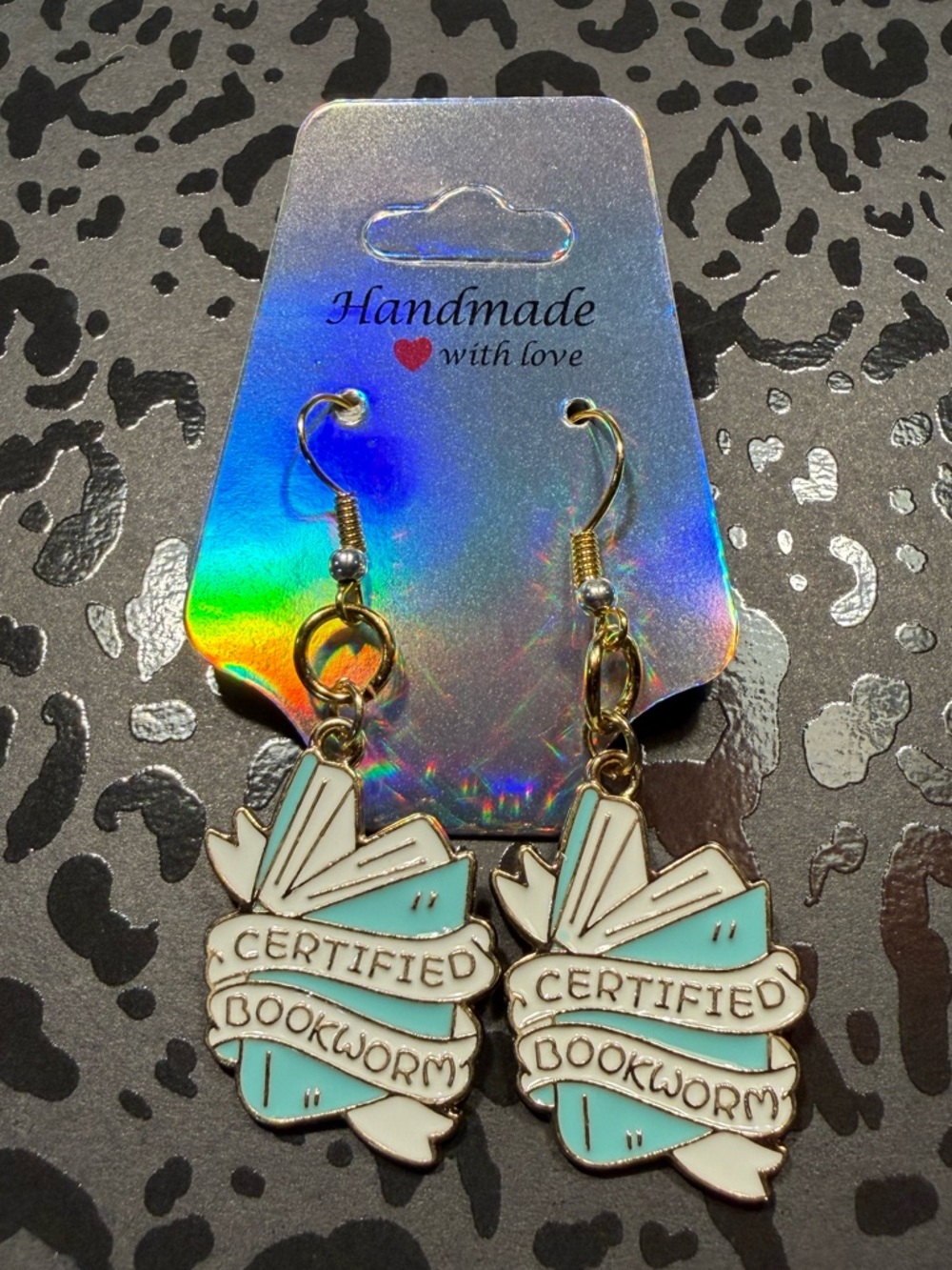 Handmade Certified Bookworm Dangle Earrings Nickel-Free Teal Book Lover Gift